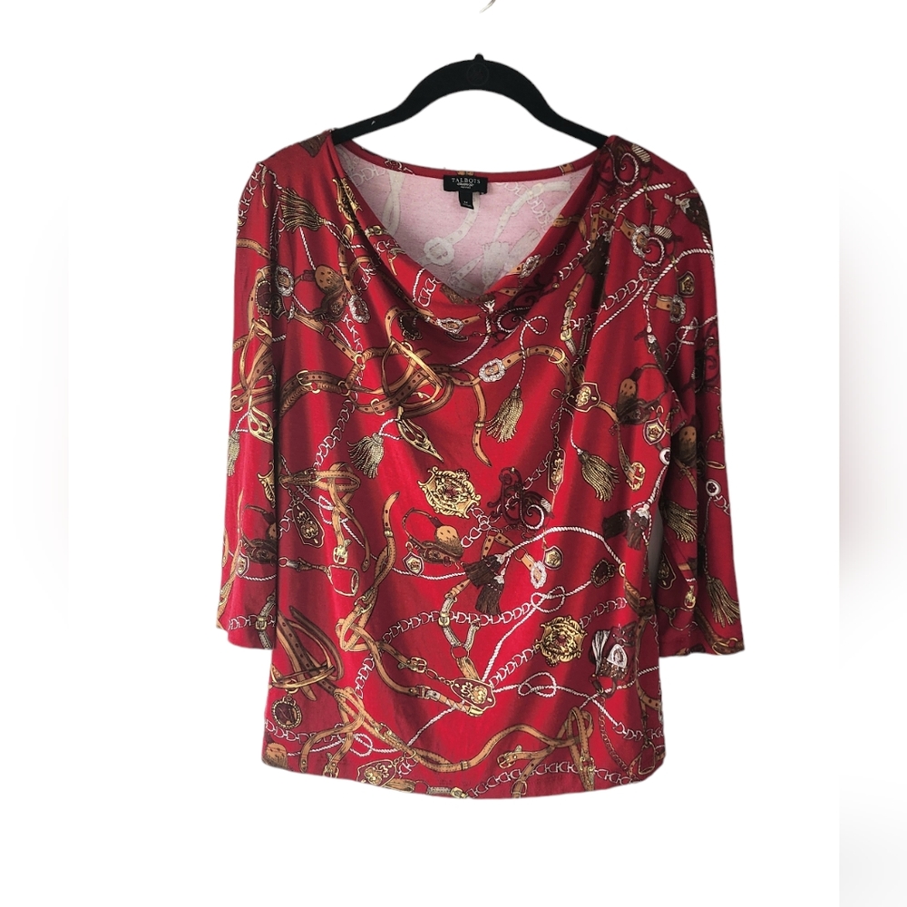 Talbots Bridle Print Top | Woman's Medium | 3/4 sleeve | red